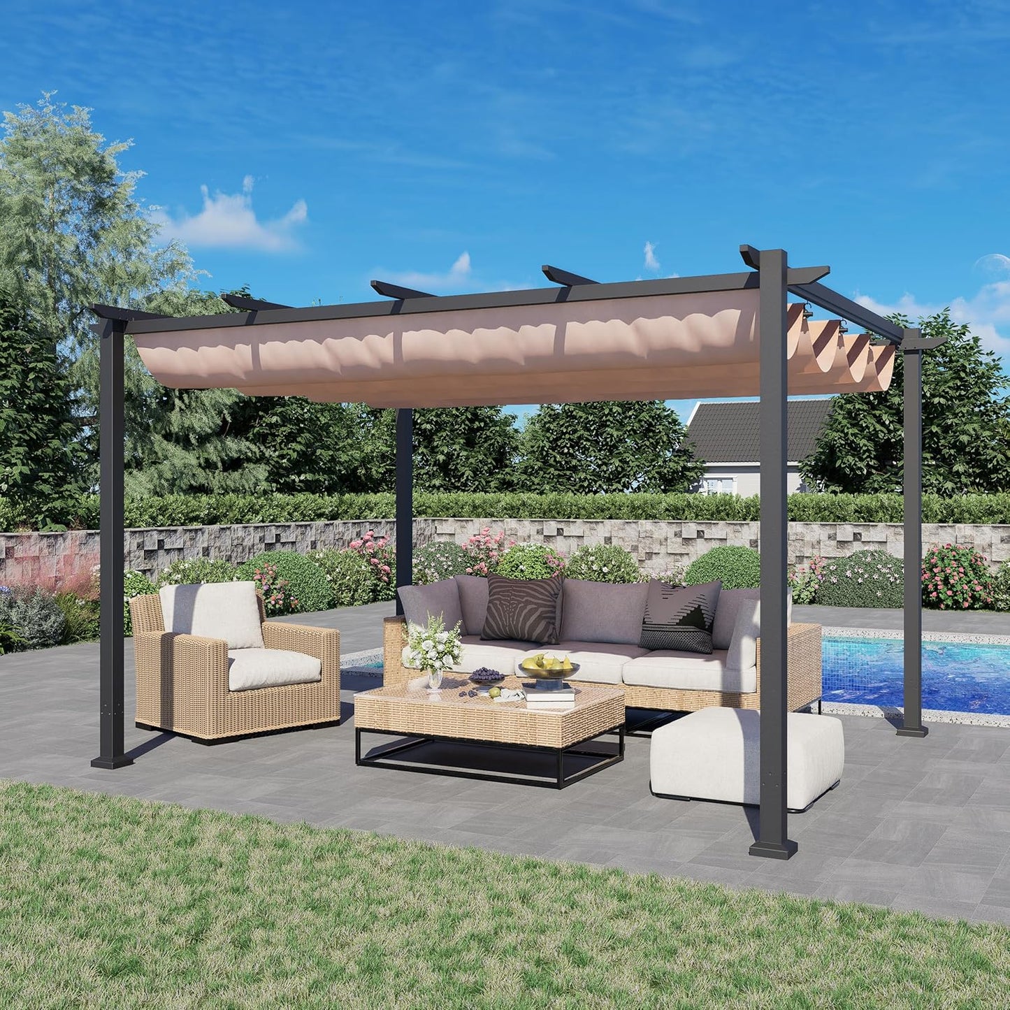 Outdoor Pergola 10'x12' – Modern Shade Structure with Retractable Canopy