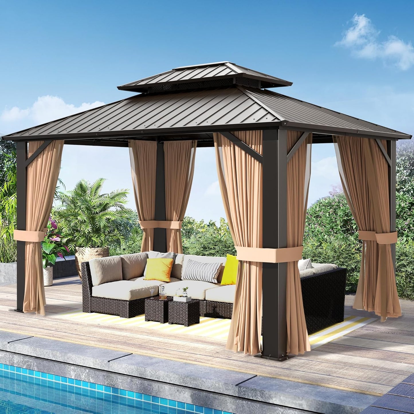 SOLUMIA 10'x12' Hardtop Gazebo with Double Roof, Curtains & Mosquito Netting – Durable Outdoor Metal Gazebo for Patio, Garden, Deck – Rust-Resistant Aluminum Frame