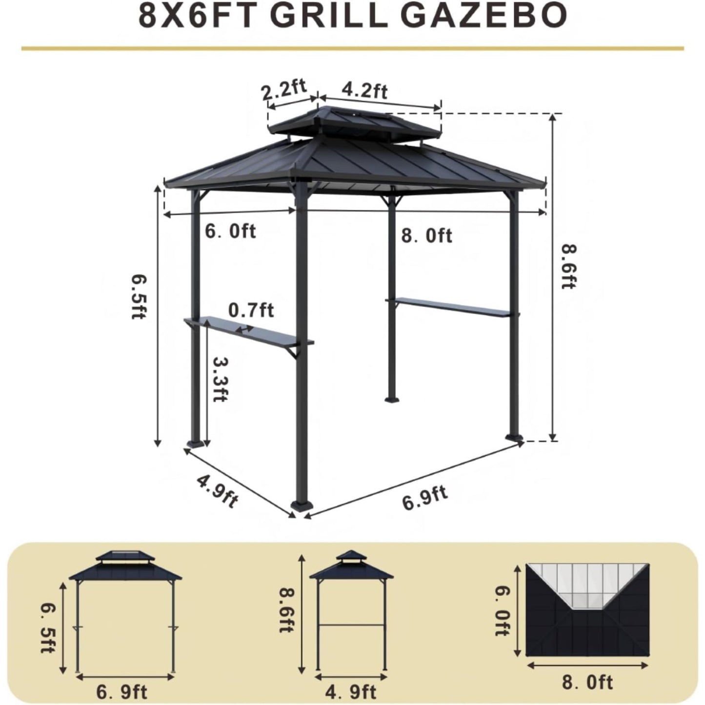 SOLUMIA 8'x6' Grill Gazebo – All-Weather BBQ Shelter with Shelves & Steel Roof