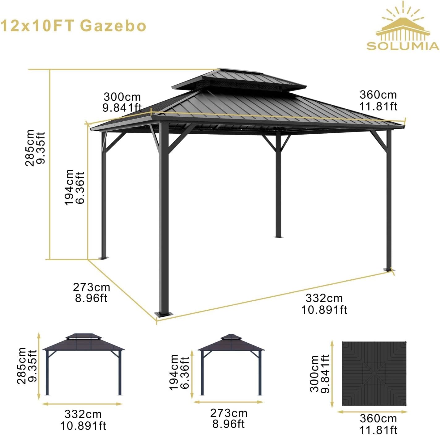 SOLUMIA 10'x12' Hardtop Gazebo with Double Roof, Curtains & Mosquito Netting – Durable Outdoor Metal Gazebo for Patio, Garden, Deck – Rust-Resistant Aluminum Frame