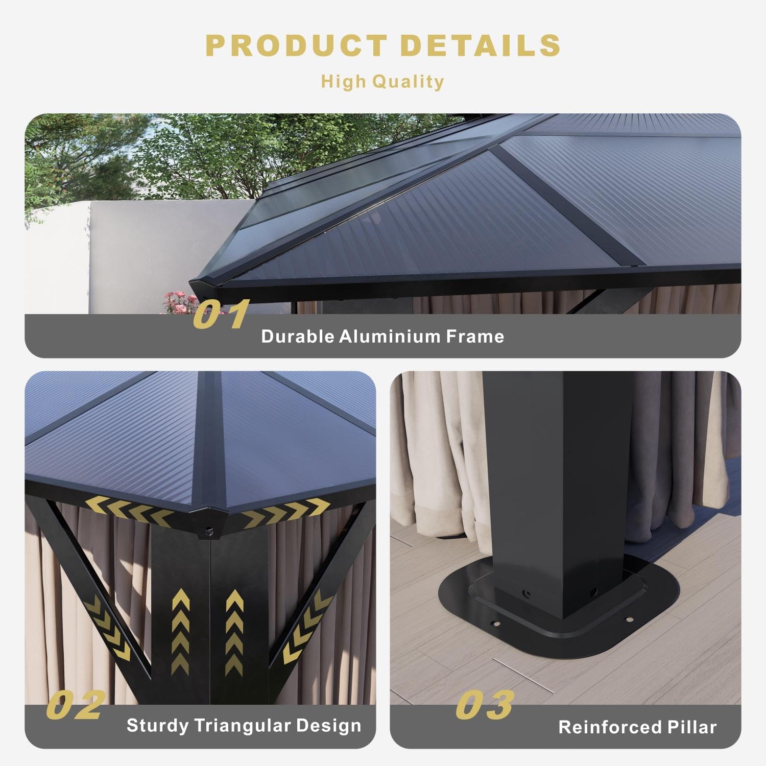 SOLUMIA 10'x12' Hardtop Gazebo with double roof, aluminum frame, polycarbonate panels