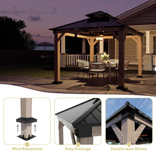 SOLUMIA 10'x12' Wooden Gazebo – Outdoor Hardtop Cedar Pavilion with Galvanized Steel Double Roof