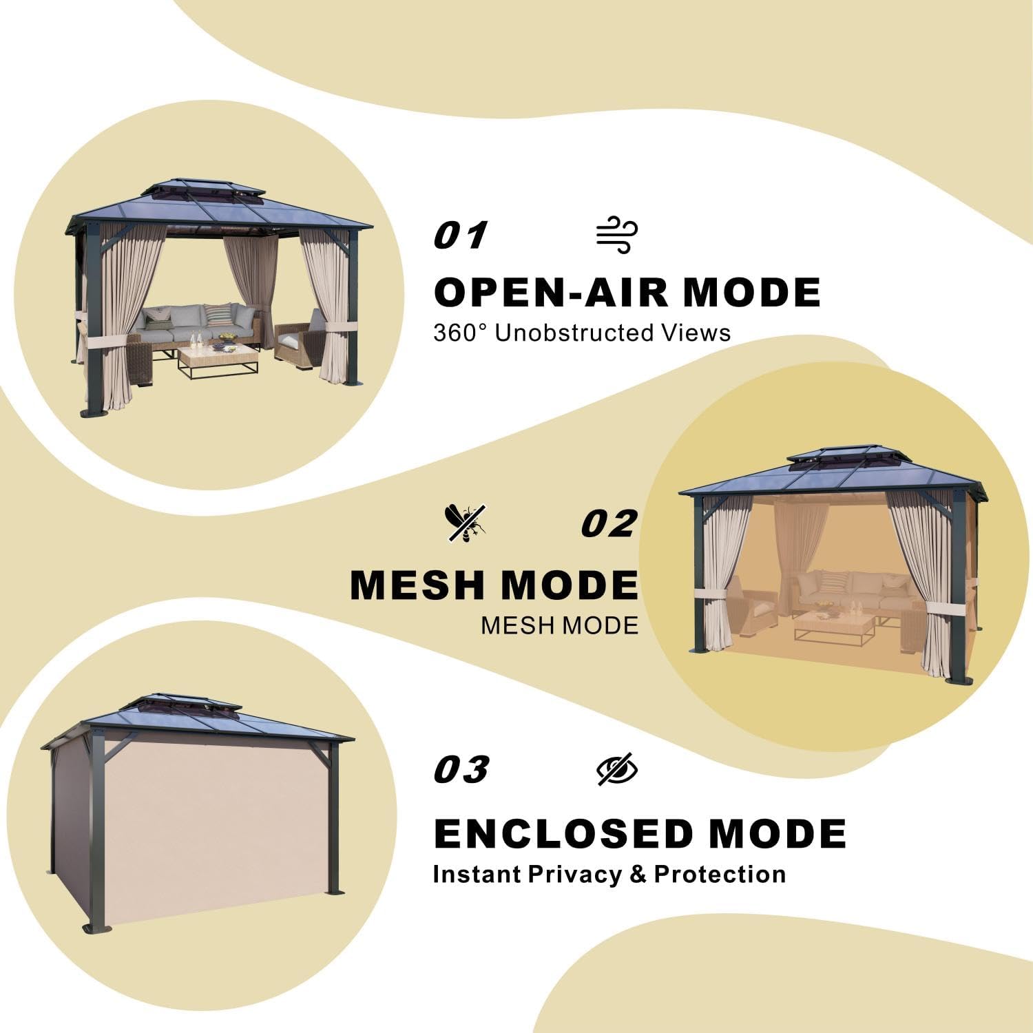 SOLUMIA 10'x12' Hardtop Gazebo with double roof, aluminum frame, polycarbonate panels