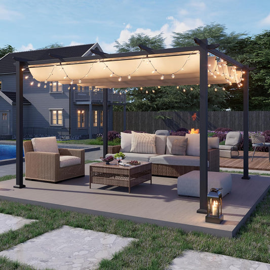 Outdoor Pergola  10'x12'  – Modern Shade Structure with Retractable Canopy