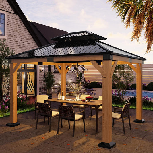 SOLUMIA 10'x12' Wooden Gazebo – Outdoor Hardtop Cedar Pavilion with Galvanized Steel Double Roof