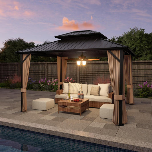 SOLUMIA 10'x12' Hardtop Gazebo with Double Roof, Curtains & Mosquito Netting – Durable Outdoor Metal Gazebo for Patio, Garden, Deck – Rust-Resistant Aluminum Frame