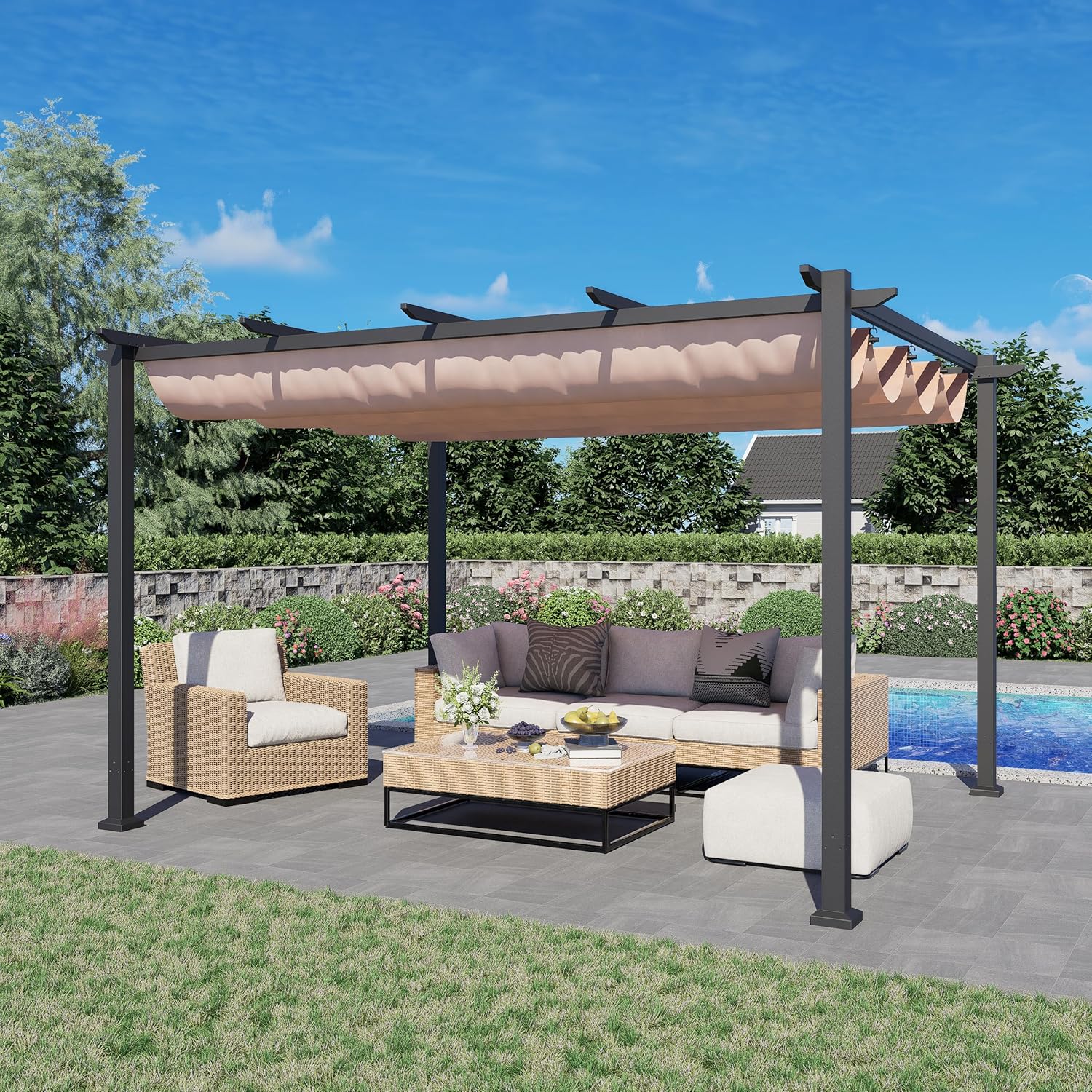 Outdoor Pergola  10'x12'  – Modern Shade Structure with Retractable Canopy
