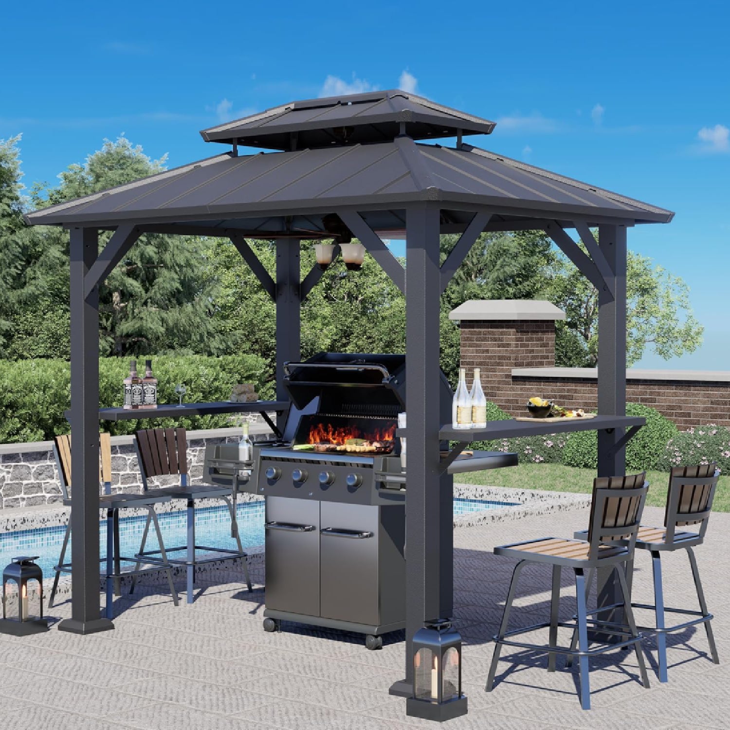 SOLUMIA 8'x6' Grill Gazebo – All-Weather BBQ Shelter with Shelves & Steel Roof