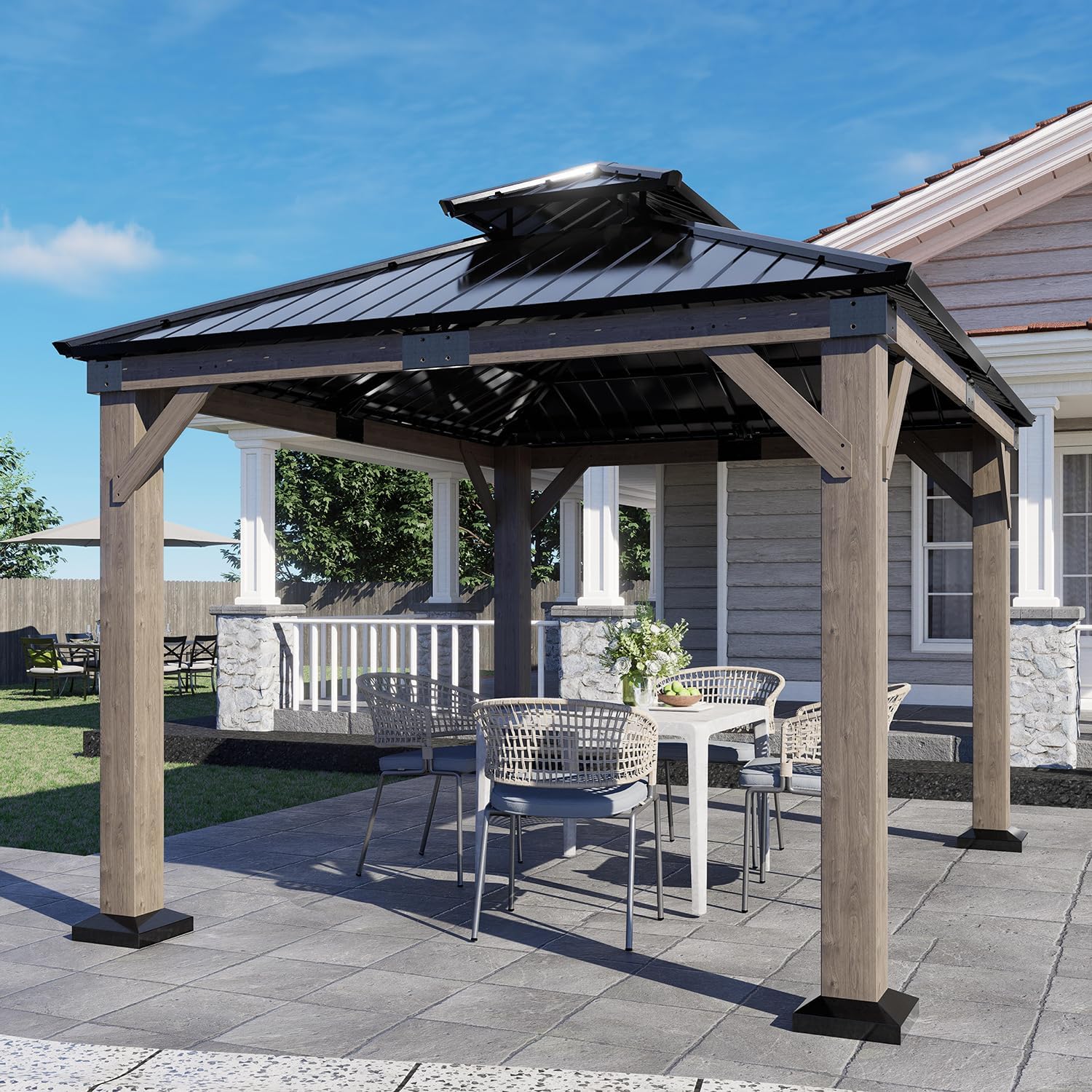 SOLUMIA 10'x12' Wooden Gazebo – Outdoor Hardtop Cedar Pavilion with Galvanized Steel Double Roof