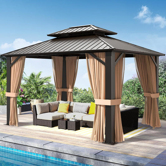 SOLUMIA 10'x12' Hardtop Gazebo with Double Roof, Curtains & Mosquito Netting – Durable Outdoor Metal Gazebo for Patio, Garden, Deck – Rust-Resistant Aluminum Frame