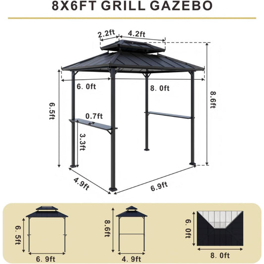 SOLUMIA 8'x6' Grill Gazebo – All-Weather BBQ Shelter with Shelves & Steel Roof