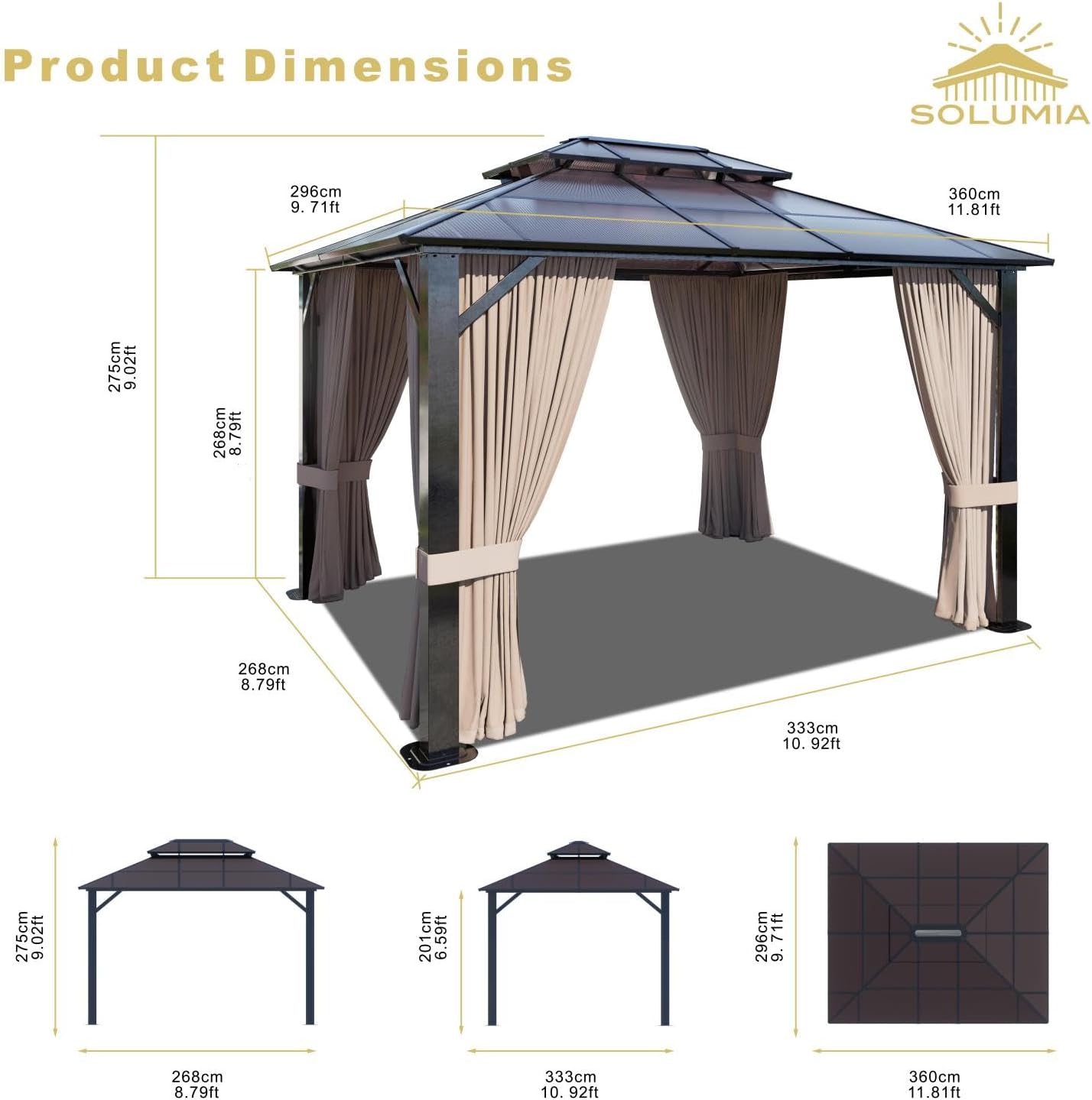 SOLUMIA 10'x12' Hardtop Gazebo with double roof, aluminum frame, polycarbonate panels