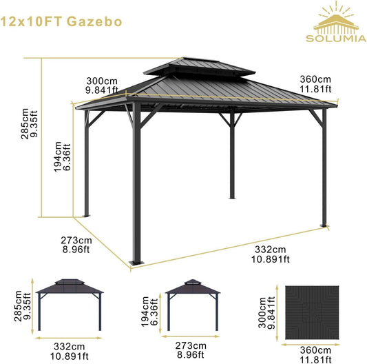 SOLUMIA 10'x12' Hardtop Gazebo with Double Roof, Curtains & Mosquito Netting – Durable Outdoor Metal Gazebo for Patio, Garden, Deck – Rust-Resistant Aluminum Frame