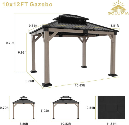 SOLUMIA 10'x12' Wooden Gazebo – Outdoor Hardtop Cedar Pavilion with Galvanized Steel Double Roof