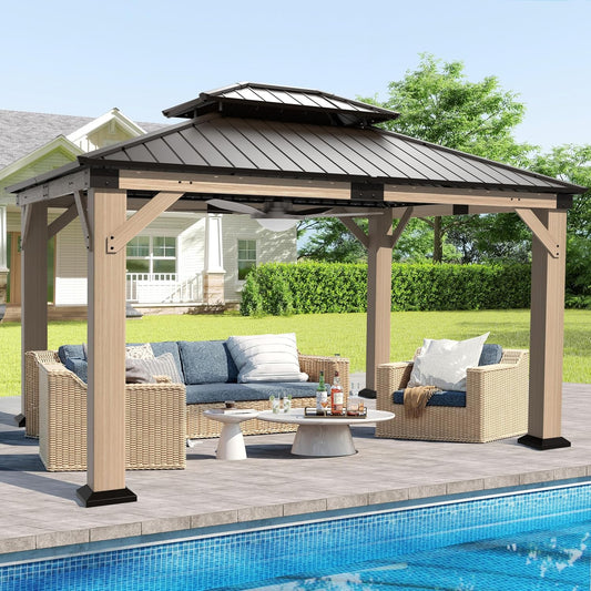 SOLUMIA 10'x12' Wooden Gazebo – Outdoor Hardtop Cedar Pavilion with Galvanized Steel Double Roof